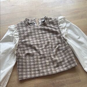 Fate Brown and White Puff Sleeve Blouse with Mandarin Collar